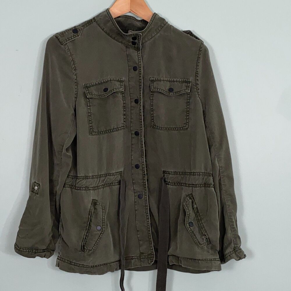 Loft Utility Jacket Snap Close Roll Tab Sleeves Womens MP Green Lyocell Military